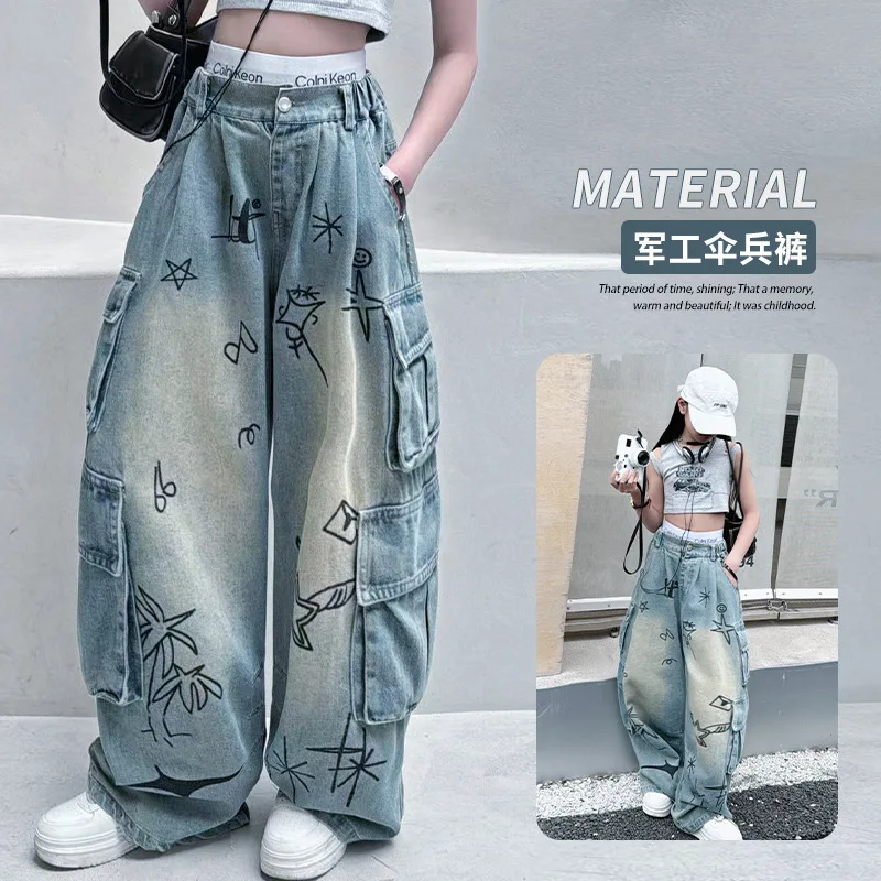 New Retro Cartoon Graffiti Loose Teen Girls Jeans Girl Summer Design Wide Leg Cargo Denim Pants Kids Multi Pocket Trousers 5-14Y