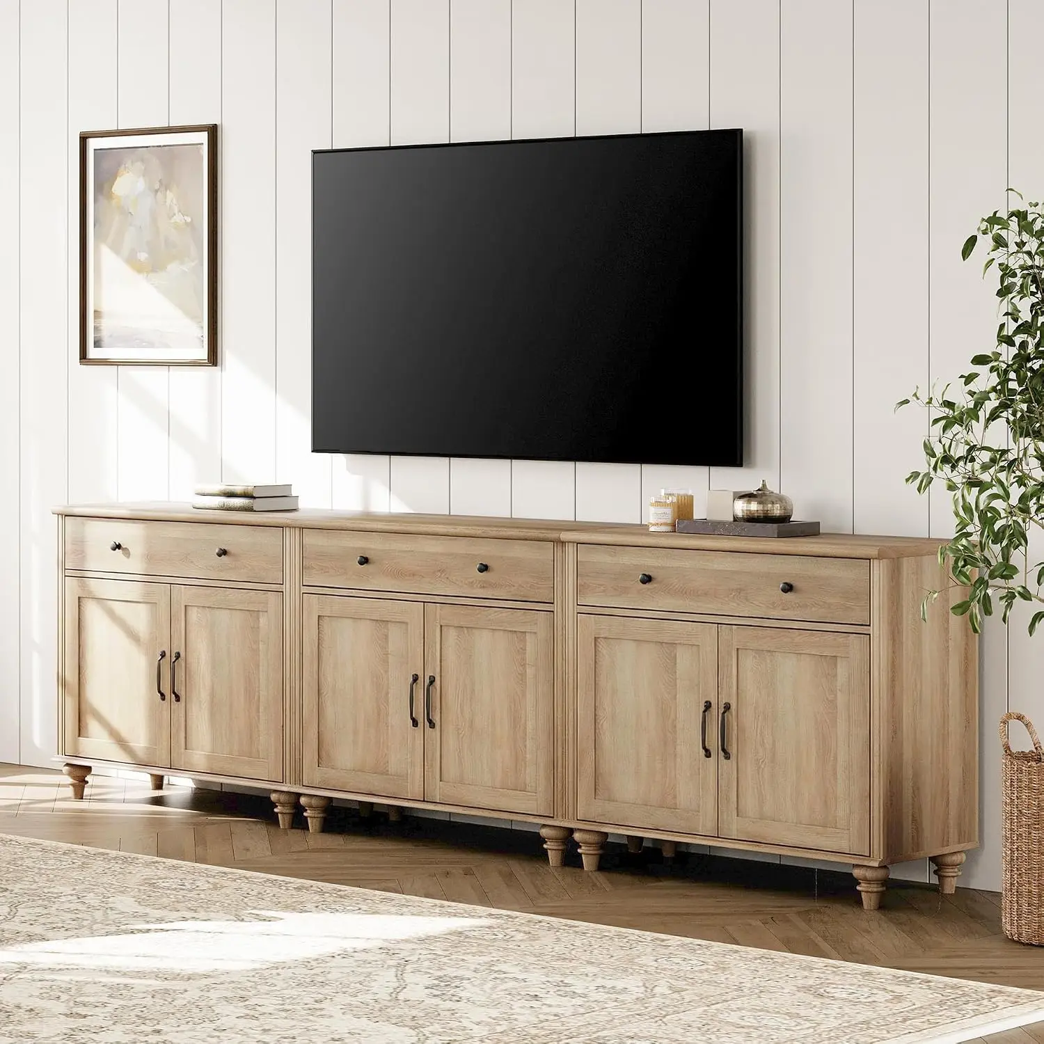 TV Stand for 100 inch TV with 6 Wooden Doors and 3 Drawer, Farmhouse Wood Universal TV Stands with Storage Cabinets, Morden Ente