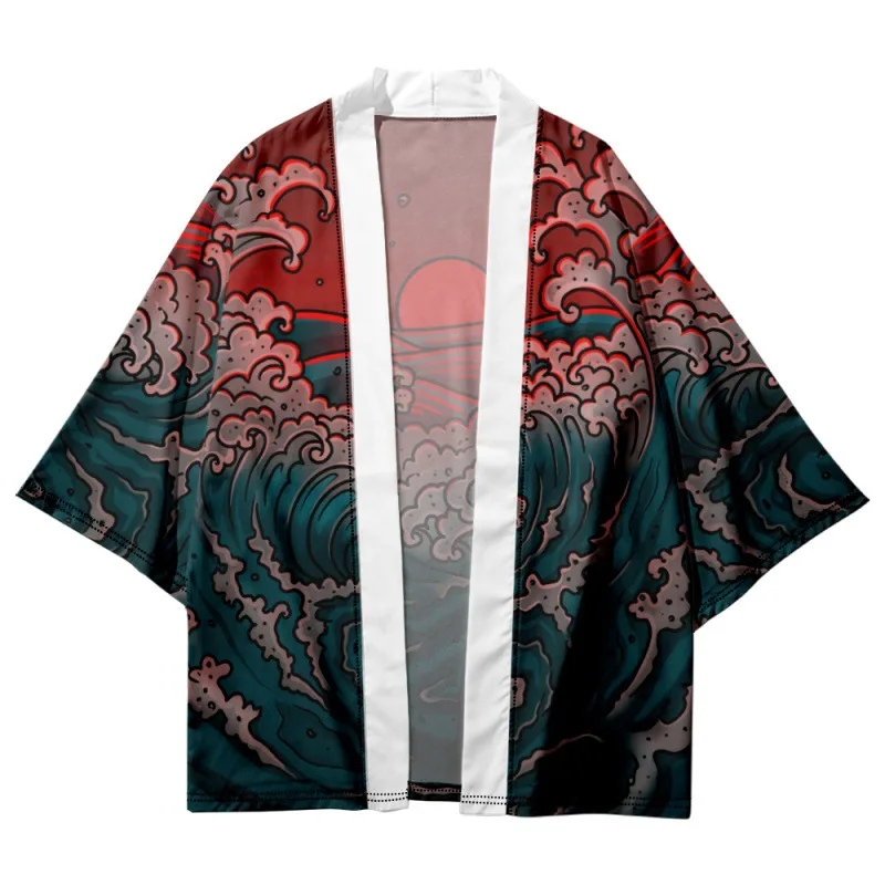 Costume de samouraï, Streetwear Haori asiatique Yukata pour hommes, Cardigan d'été imprimé démon noir, veste et pantalon