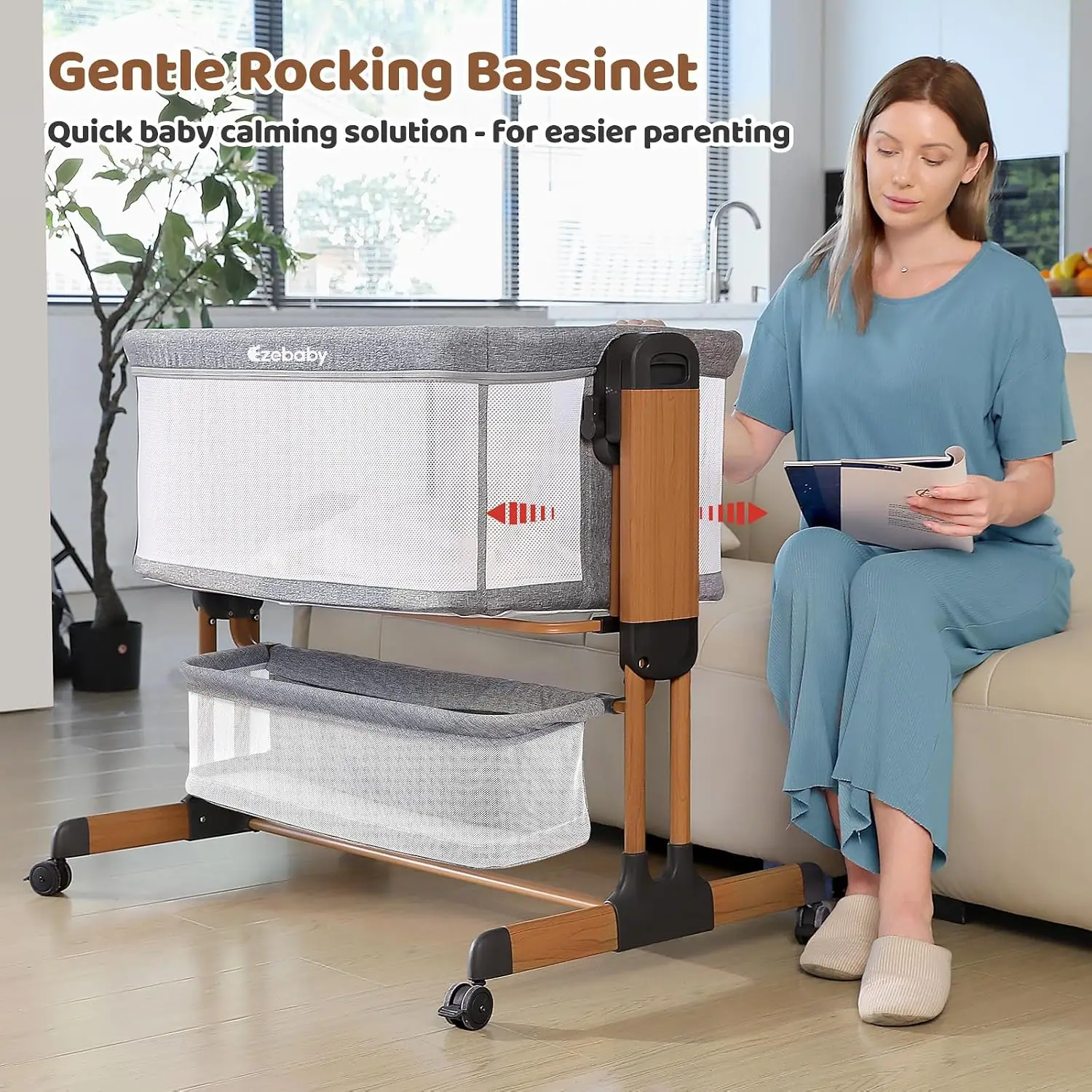 Ezebaby 3-in-1 Rocking Bassinet for Baby Adjustable Baby Bassinets Bedside Sleeper with Wheels Storage Basket and Mesh Sides for