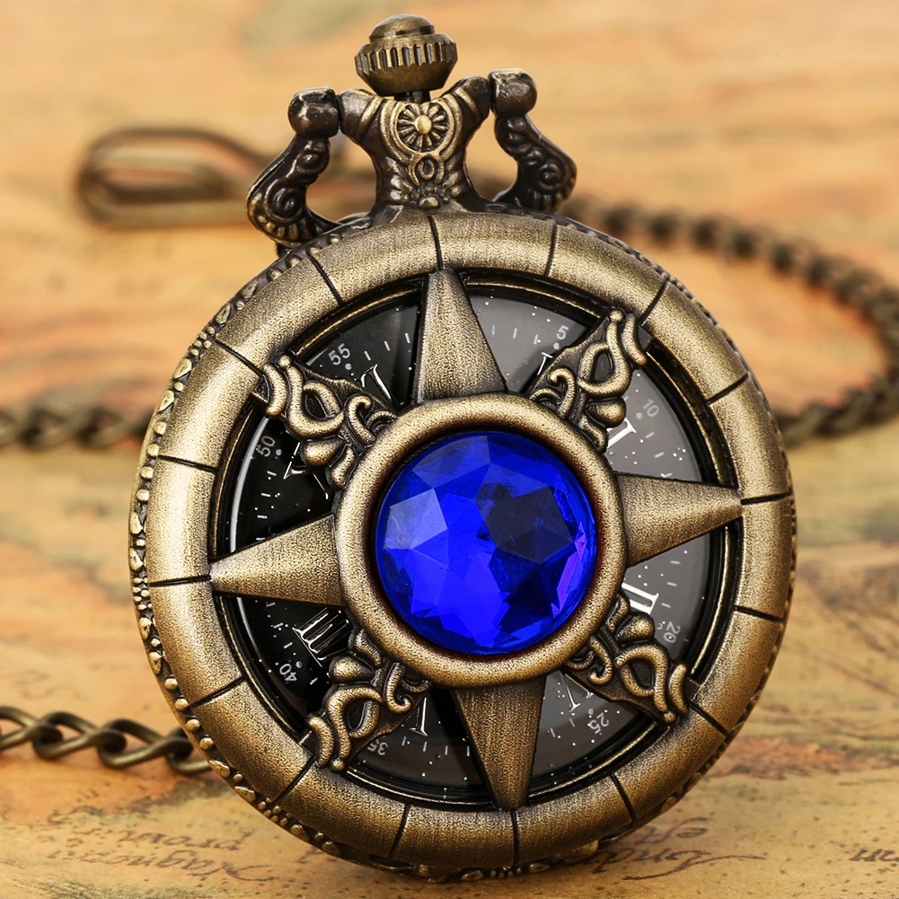 Hollow Rudder Blue Jade Emerald Stone Steampunk Quartz Pocket Watch Chain Pendant Clock Starry Sky Antique Gifts for Men Women