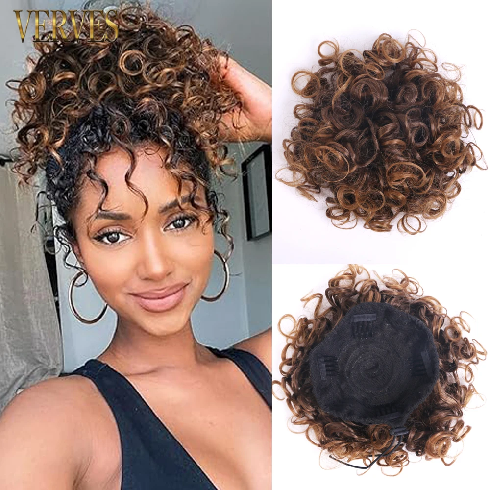 

Synthetic Brown Blonde Drawstring Puff Ponytail Afro Curly Hair Chignon Clip In Pontail African Black Ombre Hair