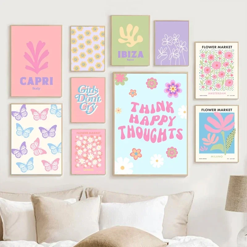 Abstract Danish Pastel Wall Art Poster Prints Purple Checkered Smiley Flower Canvas Painting Picture for Living Room Home Dec