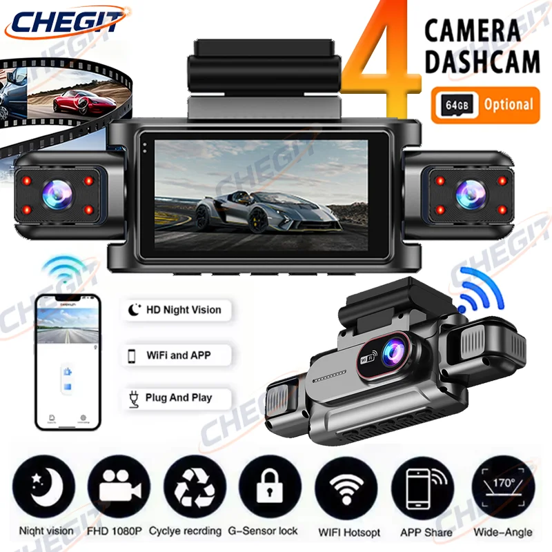 

3/4-канальная автомобильная видеорегистратор, черная коробка, Wi-Fi камера вождения, FHD 1080P, передняя левая, правая, задняя петля ночного видения, запись Hardwireki