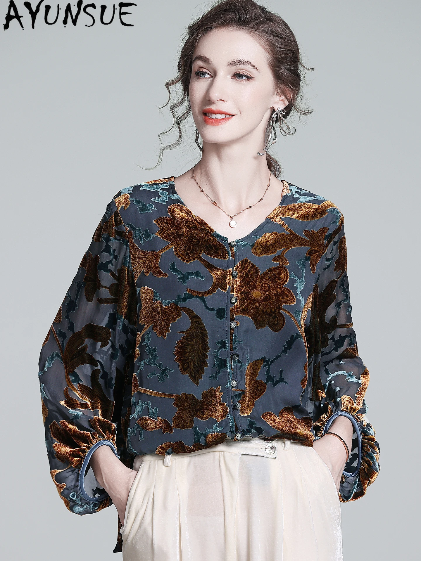 

AYUNSUE 47% шелк тутового шелка 53% нейлоновые рубашки женские элегантные рубашки для женской одежды 2025 французская весенне-осенняя рубашка сорочка Femme