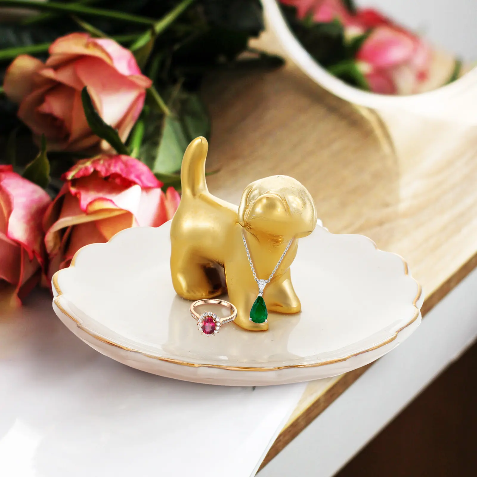 

Puppy Design Ceramic Jewelry Tray Organizational Dish for Earrings Anklets Trinkets Bedroom Dresser Decoration