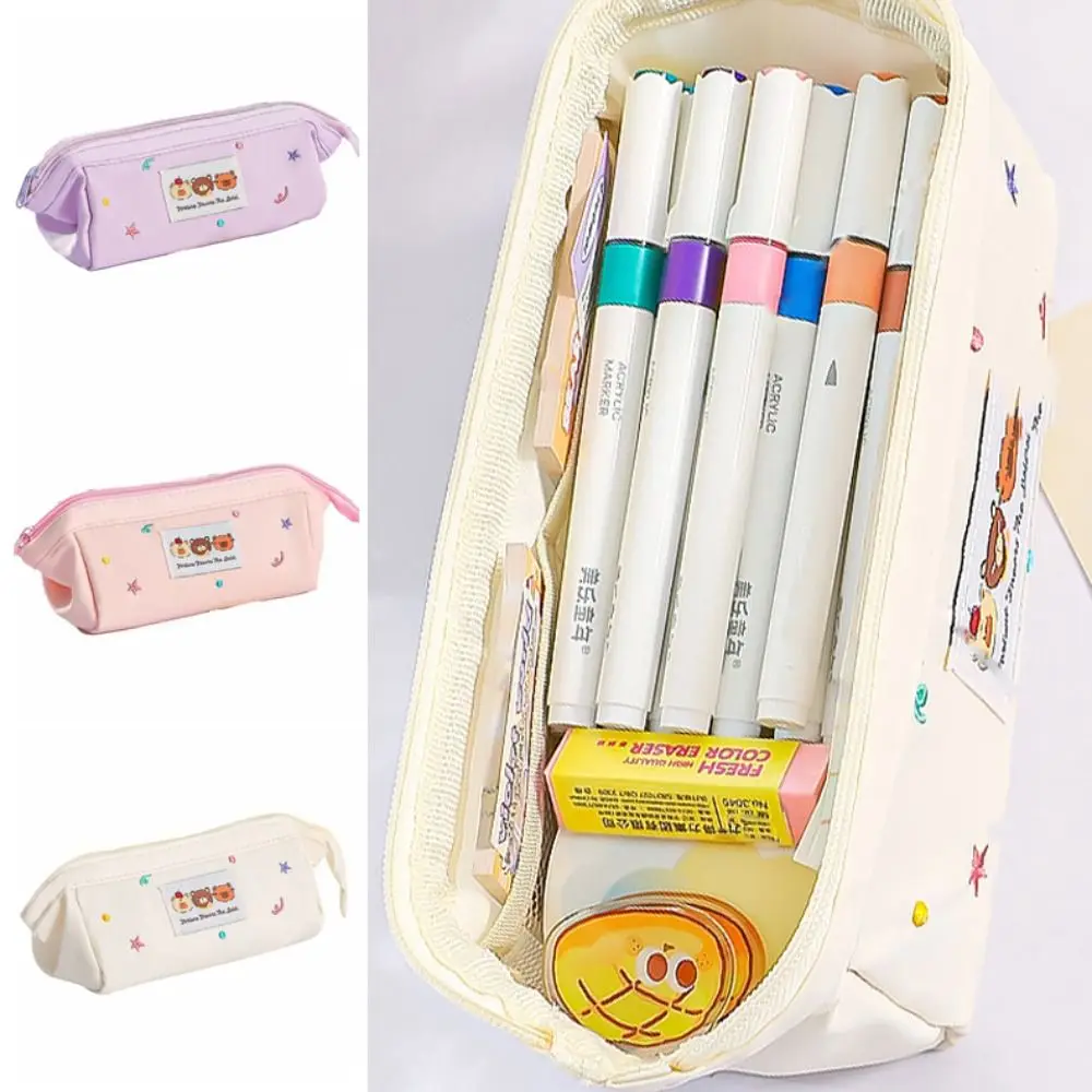 

Ins Fashion Embroidered Kawaii Pencil Bag Bear Pattern Zipper Stationery Bag Creative Cute Pen Pencil Case Boys Ang Girls