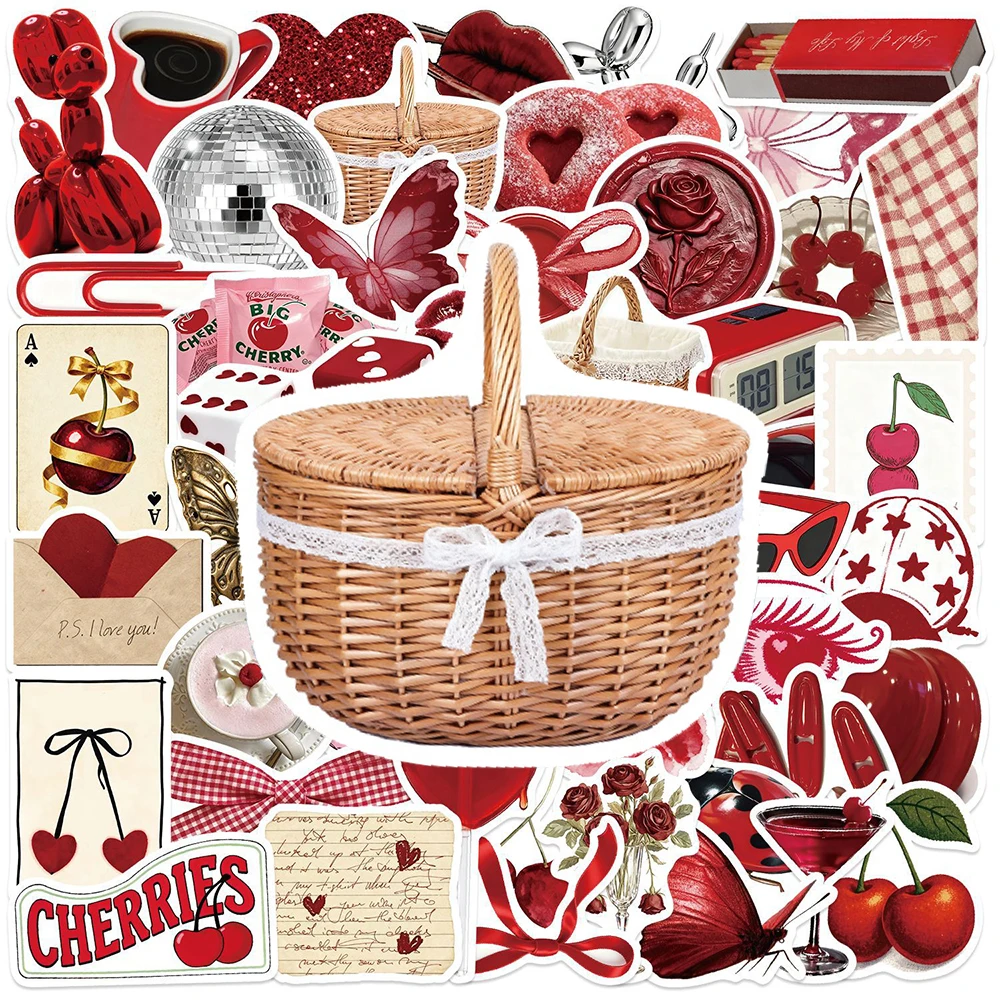 

10/30/50pcs Vintage INS Cherry Red Girl Stickers Aesthetic DIY Notebook Motorcycle Laptop Suitcase Cute Cartoon Graffiti Sticker