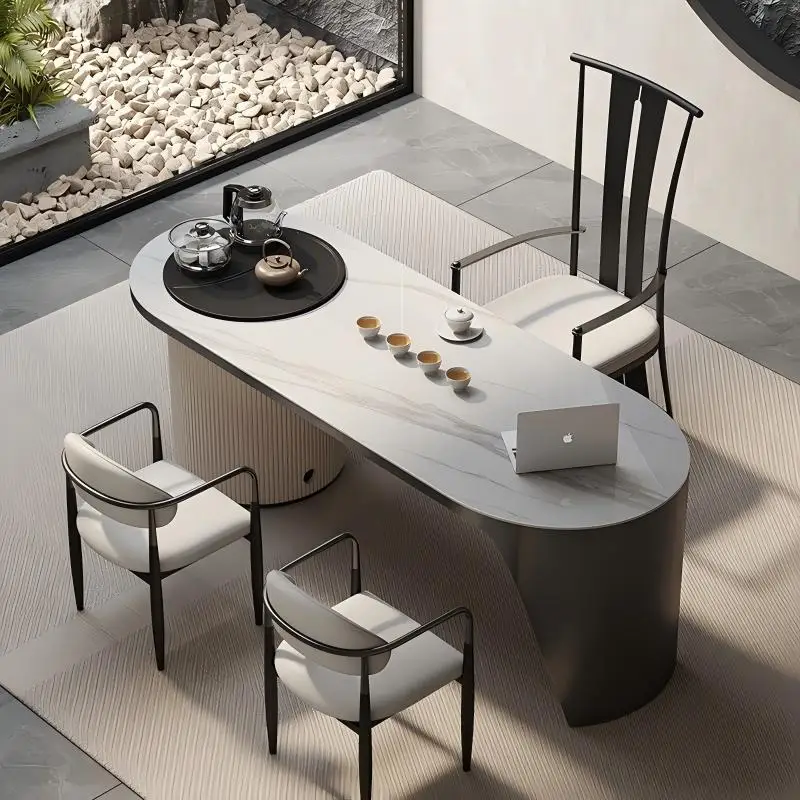 

Итальянский светлый роскошный чайный столик из каменной плиты и комбинация стульев, бытовой чайный столик, современный простой офисный чайный столик для кунг-фу, стол i