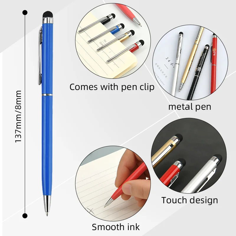 1 قطعة هدية الأعمال الإعلان القلم الملونة شعار الطباعة الكرة القلم المعدني 2 في 1 شاشة تعمل باللمس قلم حبر جاف