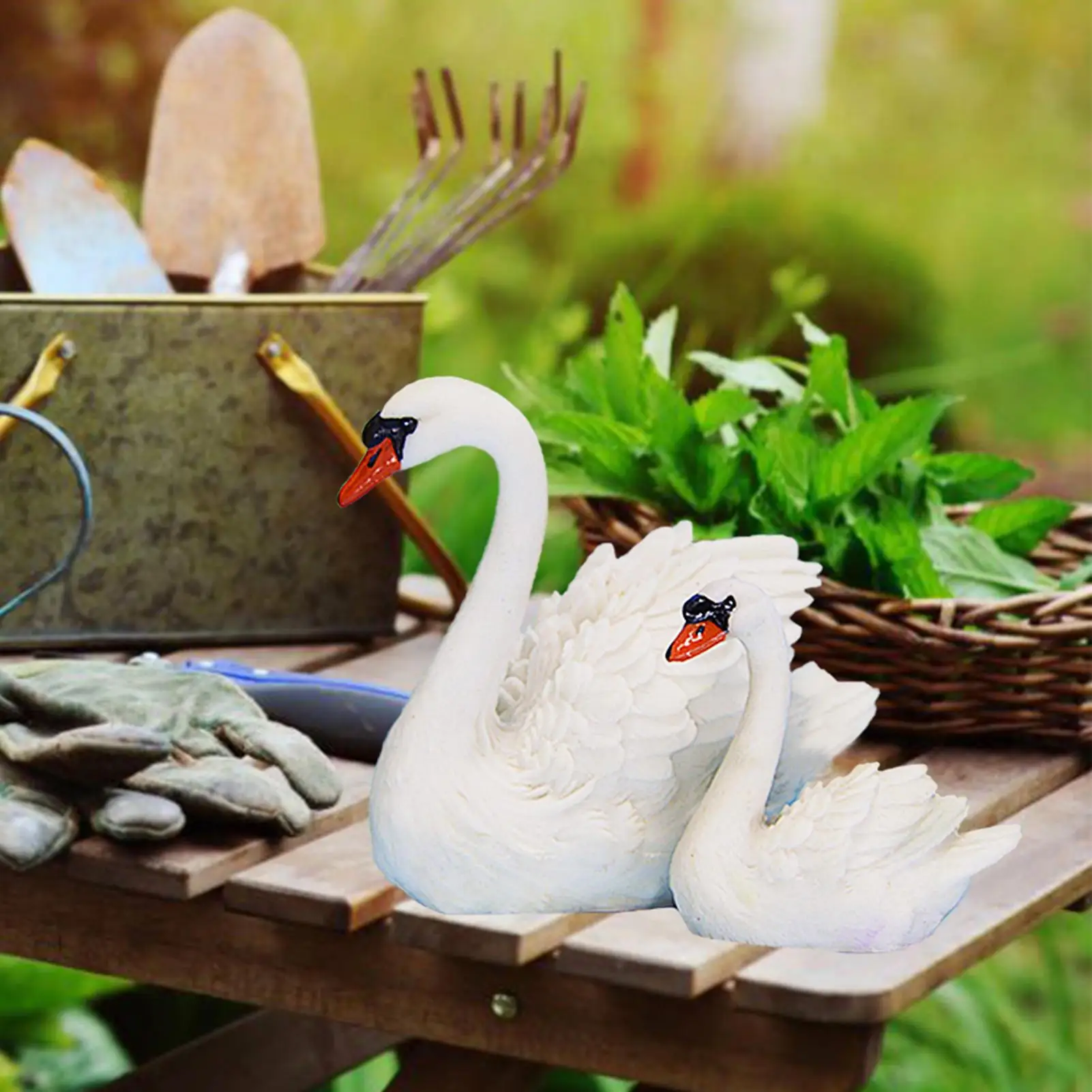 Estatuilla de cisne en miniatura, estatua de resina de cisne en miniatura, decoración de hadas de fuente, 2 piezas, adorno de cisne blanco para exteriores