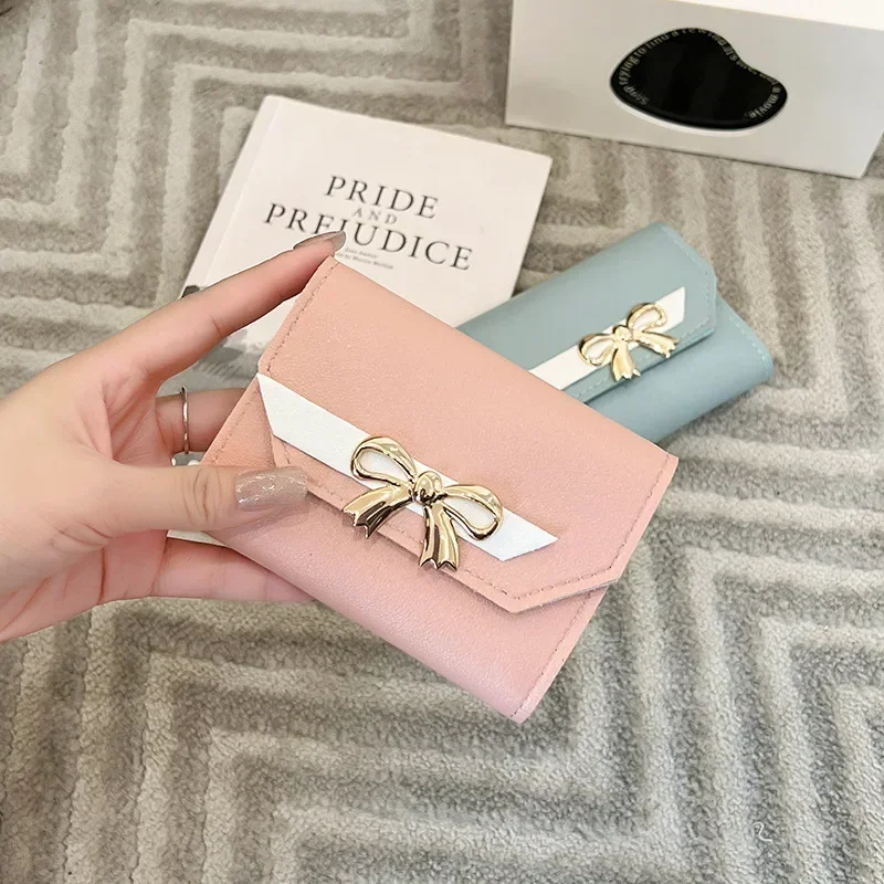 Women Wallet Foldable Portable Ladies Short Coin Purses Fashion Cute Bow Clutch Bag PU Leather Quality Female Card Holder Purse