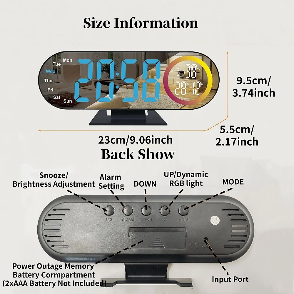 USB Powered Digital Alarm Clock with RGB Mood Light TEMP Date Week 2 Alarm 12/24H Snooze Table Clock Night Mode LED Mirror Clock