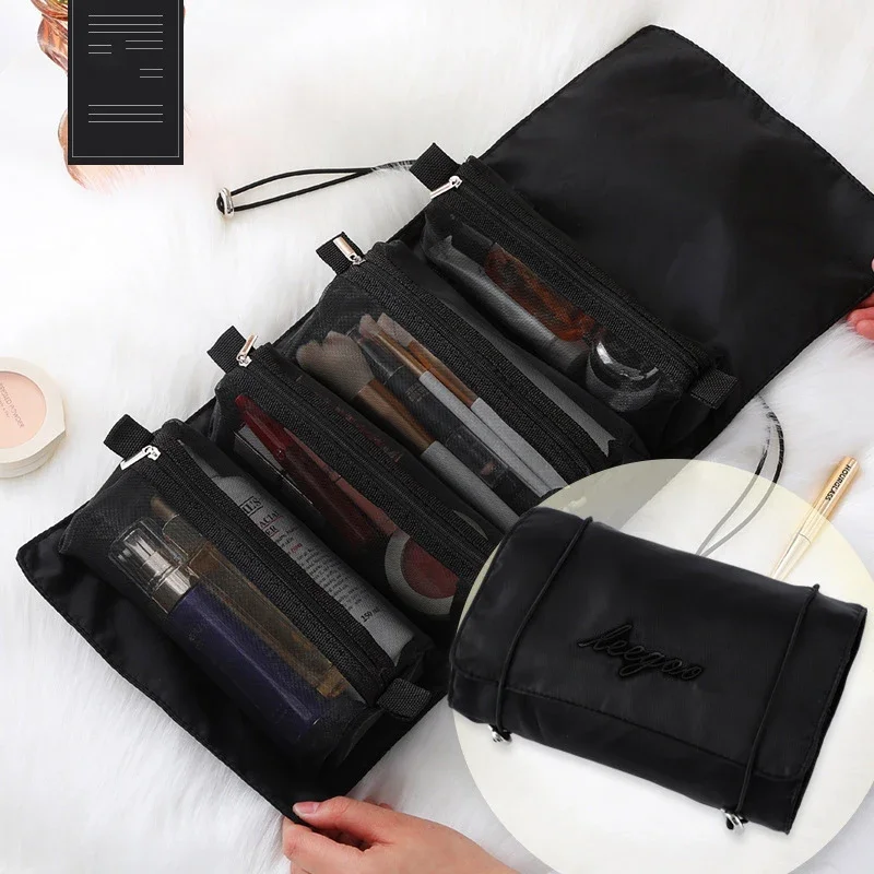 2pcs/4pcs/6pcs-Foldable compact makeup bag with detachable mesh compartments for quick rolling up of compartments