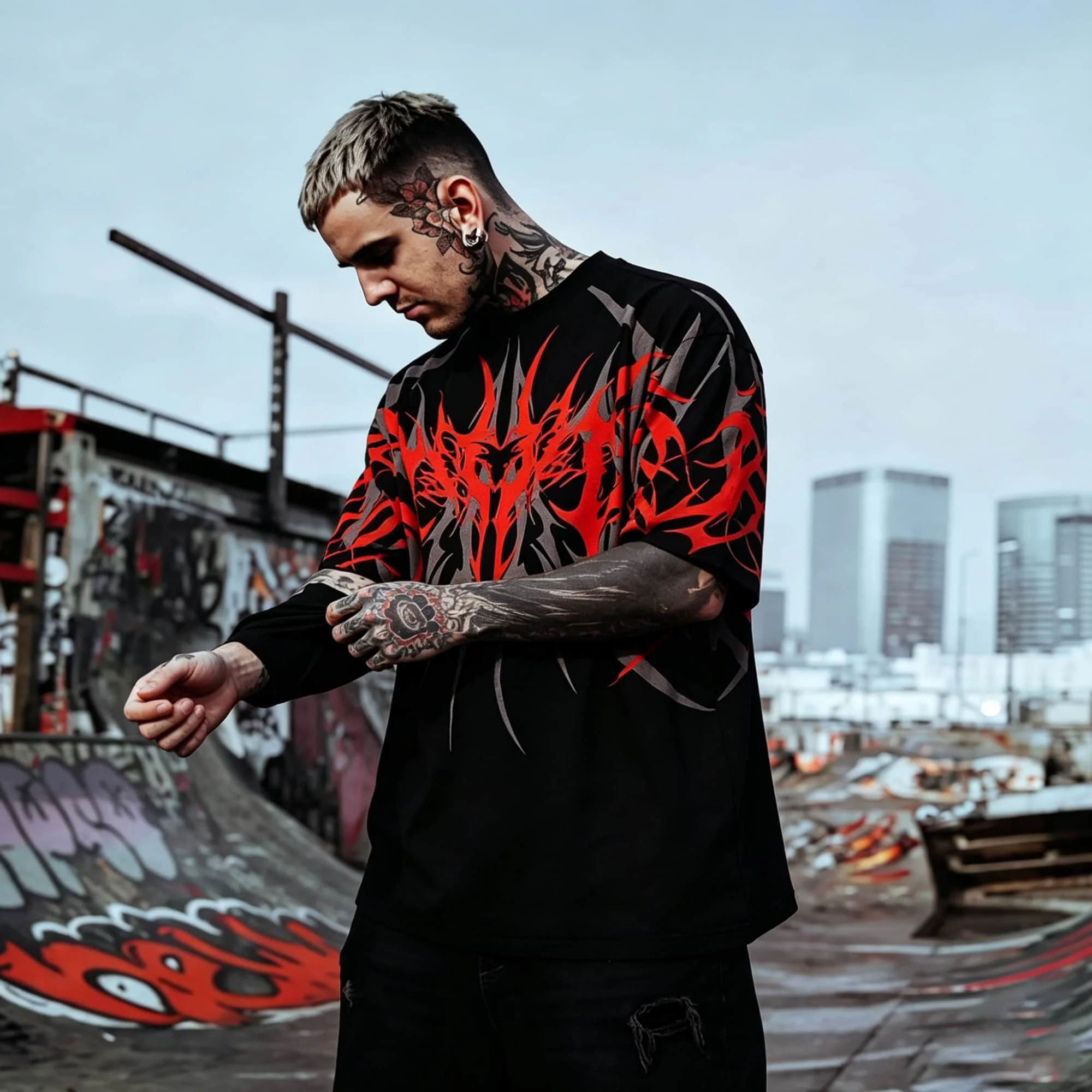 Street Skate Oversized Sport T Shirt For Men Black Base Red Grey Thorn Sharp Line Print Crew Neck Loose Fit Breathable Daily Hip