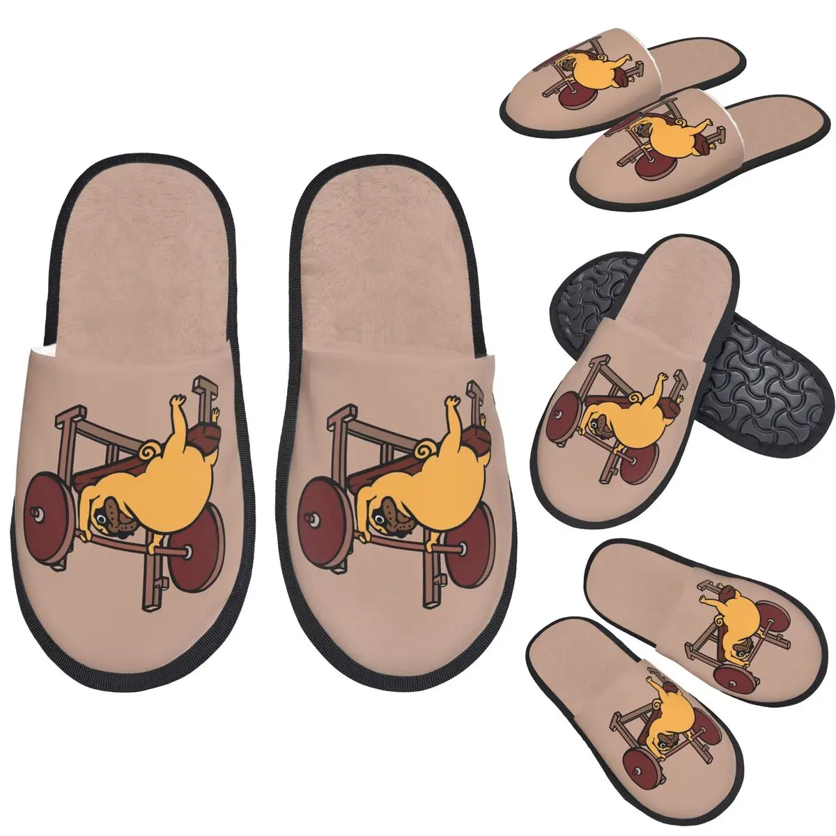 

Custom Pug Bench Press Slippers Memory Foam Warm Soft Women House Slipper Bedroom Fluffy Shoes