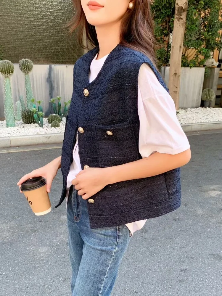 SMTHMA Fall Hot Sale Women's Fashion Casual Tweed Vest Women's Single Breasted Decorated Seeveless Woolen Top