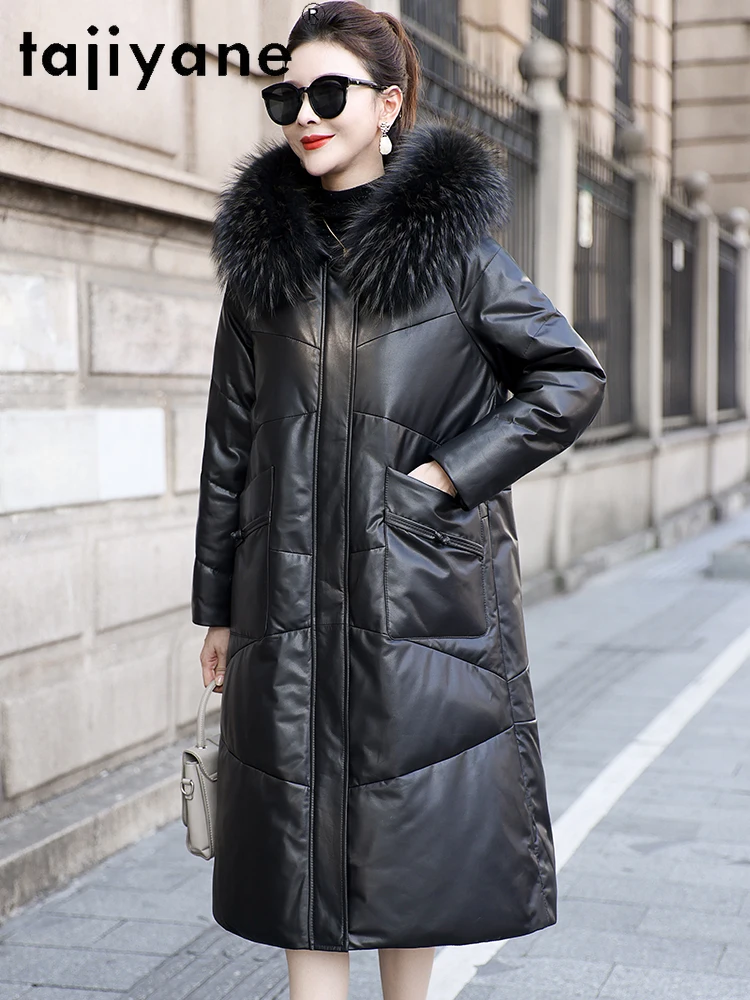 TAJIYANE 100 % Rindsleder-Gänsedaunenmantel für Damen, Waschbärpelzkragen, Pufferjacke, echte Lederjacken, 2025, Damenbekleidung,ariiitut