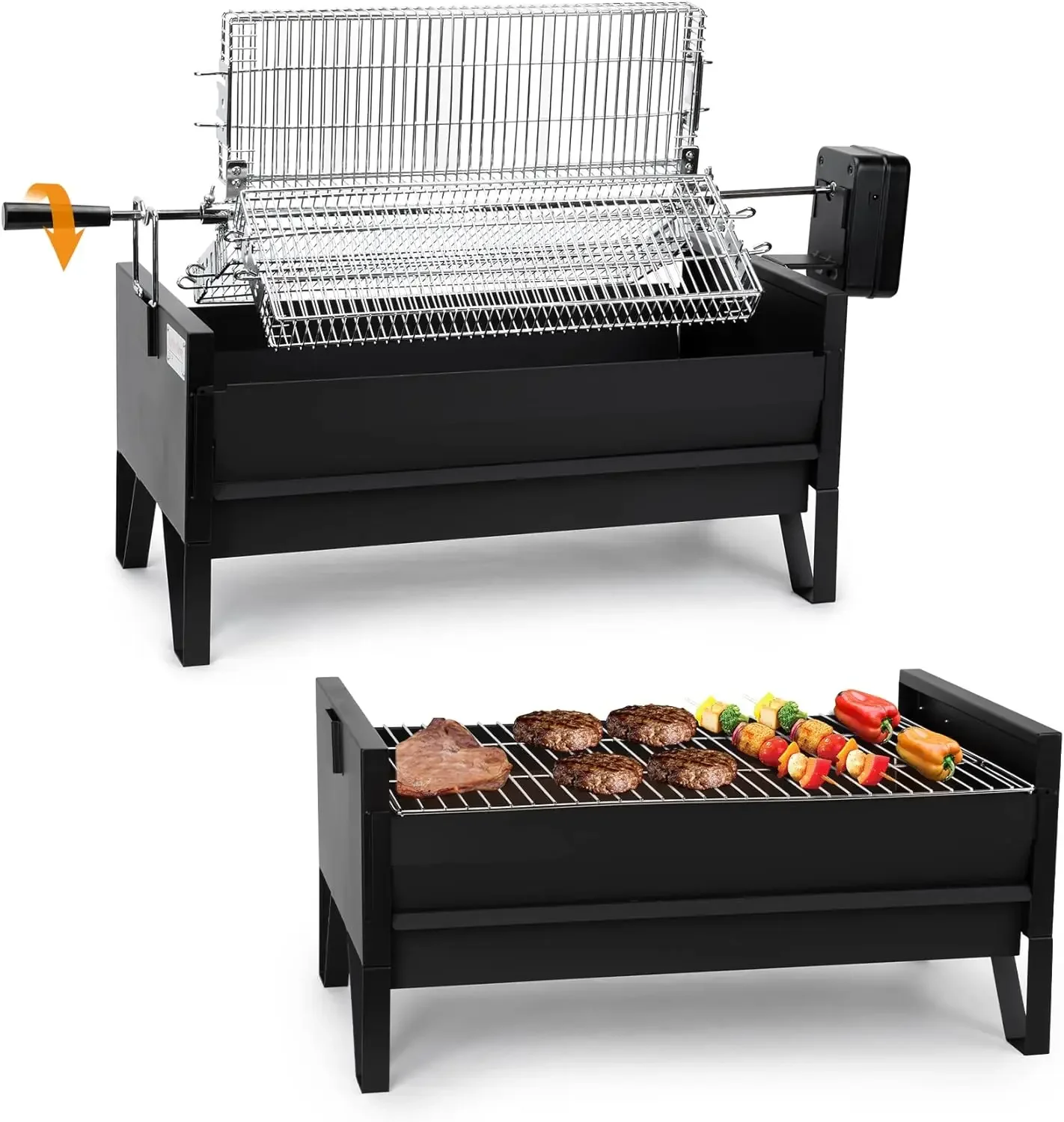 Grill Rotisserie Kit with 3 Stainless Steel Rotating Baskets and 24 In Grill Grate, Auto Swivel BBQ Roasting Machine for Outdoor