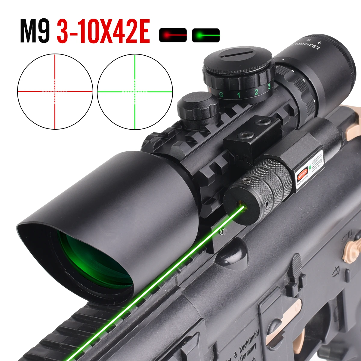 

Тактический прицел 3-10X42E M9 с красной/зеленой лазерной сеткой для арбалета, оптический прицел для страйкбола и охоты, для рельсов 11/20 мм
