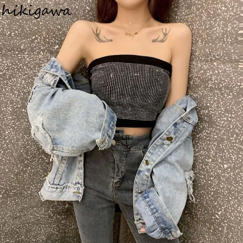 Vintage Y2k Top Streetwear Heavy Diamond Sexy Tanks Women's Clothing Slim Fit Summer Camis Fashion Backless Harajuku Crop Vest