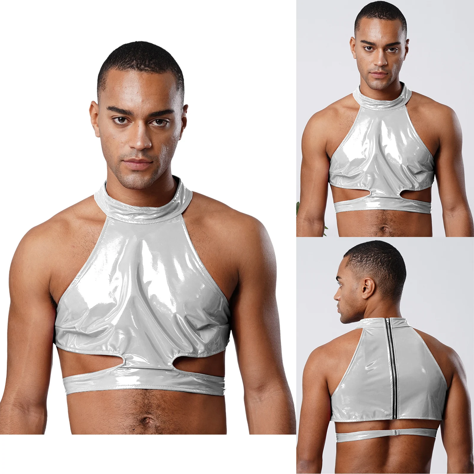 Mannen PU Lederen Mini Tank Tops Halter Mouwloos Navel Blootgesteld Cropped Vest voor Party Rave Nachtclub Bar Disco Dance Crop Tops