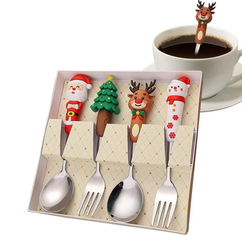 Christmas Gift Tableware Christmas Spoon Fork Set 4Pcs Dessert Spoon Fruit Fork Santa Elk Doll Spoon New Year Gift
