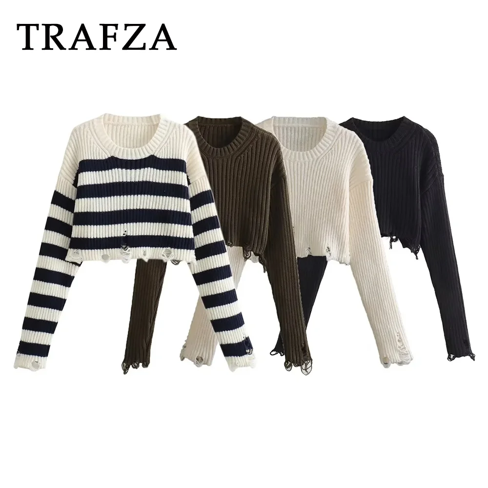 TRAFZA 2023 Autumn Women Knitted Solid Casual Shirt Fashion Winter Loose Stripe O Neck Streetwear Elegant Frayed Straight Blouse