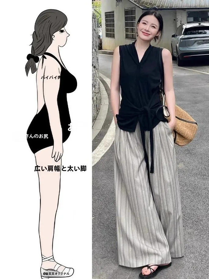 Summer plus Size Fashion Set Beautiful Waist-Cinched Sleeveless Striped Wide Leg Pants V-Neck Button Style Light Maturity