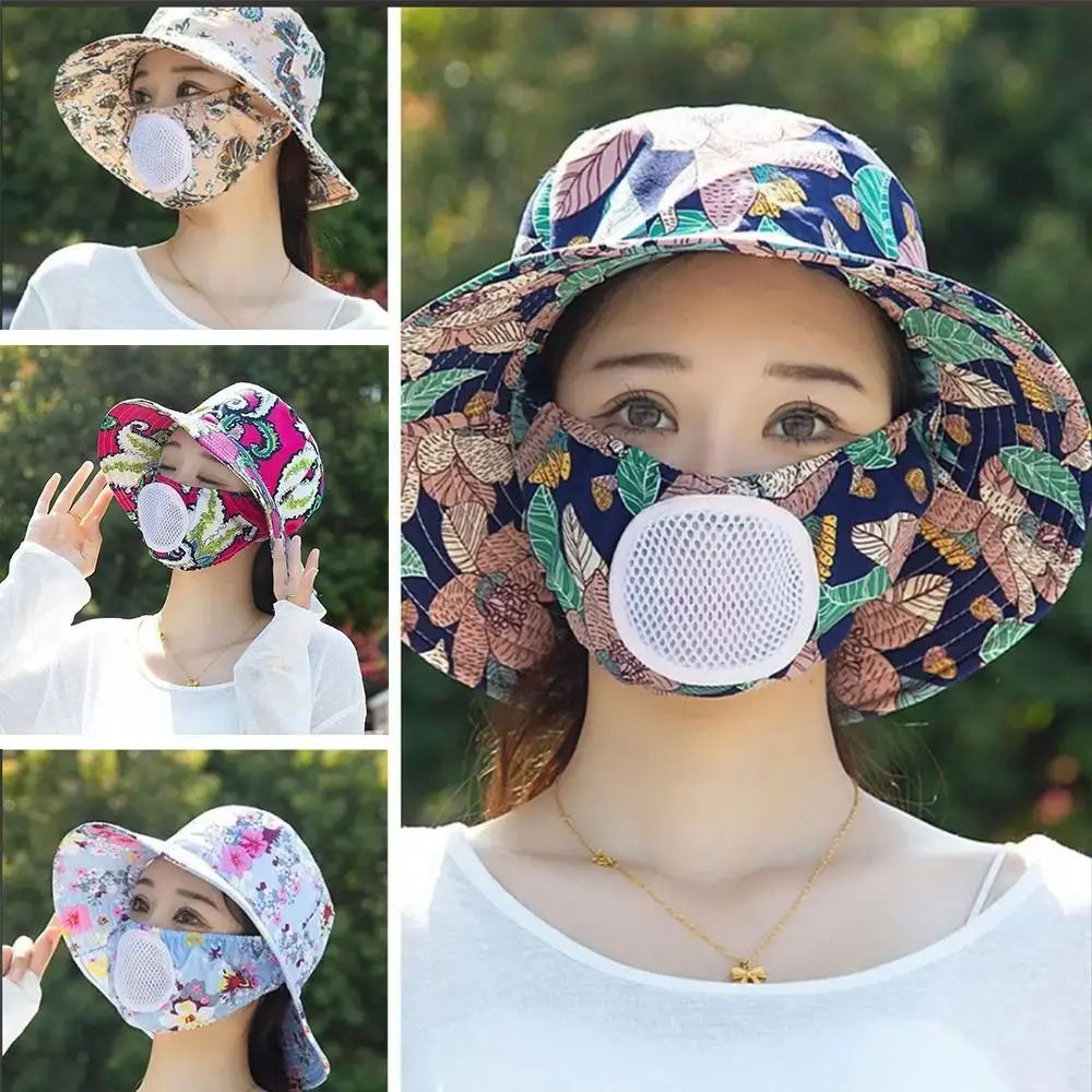 Fashion Floral Tea Picking Cap Wide Brim with Breathing Hole Mask Sun Visor Cap Anti-UV Neck Protection Sun Hat Summer