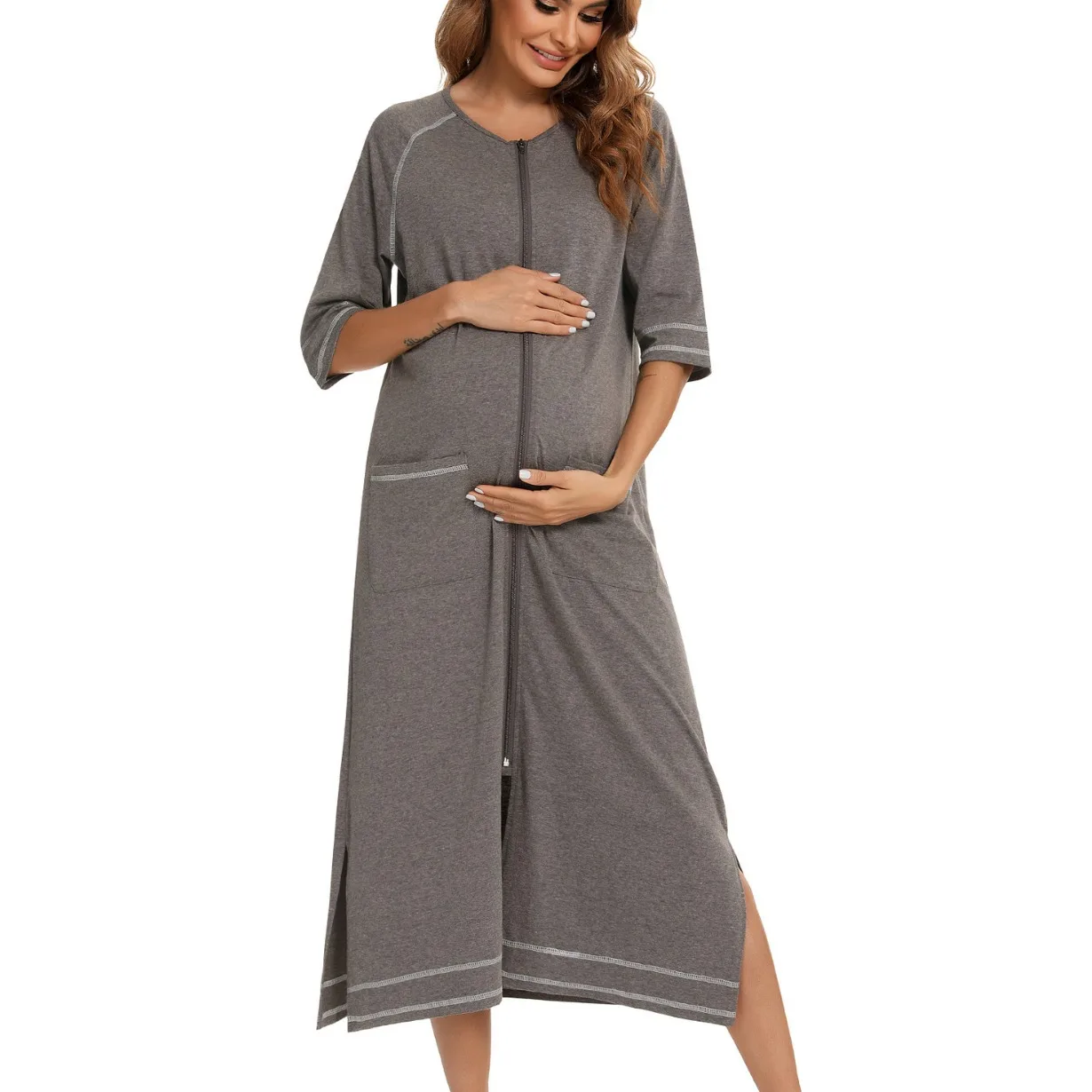 Spring/Summer Pregnant Women's Breastfeeding Zipper Shirt European American Style Postpartum Lactation Pajamas Home Comfort Wear
