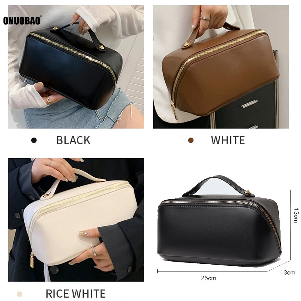 Upgrade Full Leather Makeup Bag for Ladies Luxury Organ Pillow Bag PU Cosmetic Bag Large Travel Bag