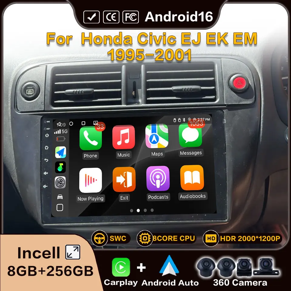 Android 16 für Honda Civic EJ EK EM 1995-2001 Carplay Wireless Multimedia Android Auto Autoradio Video Stereo Navigation 8-Kern