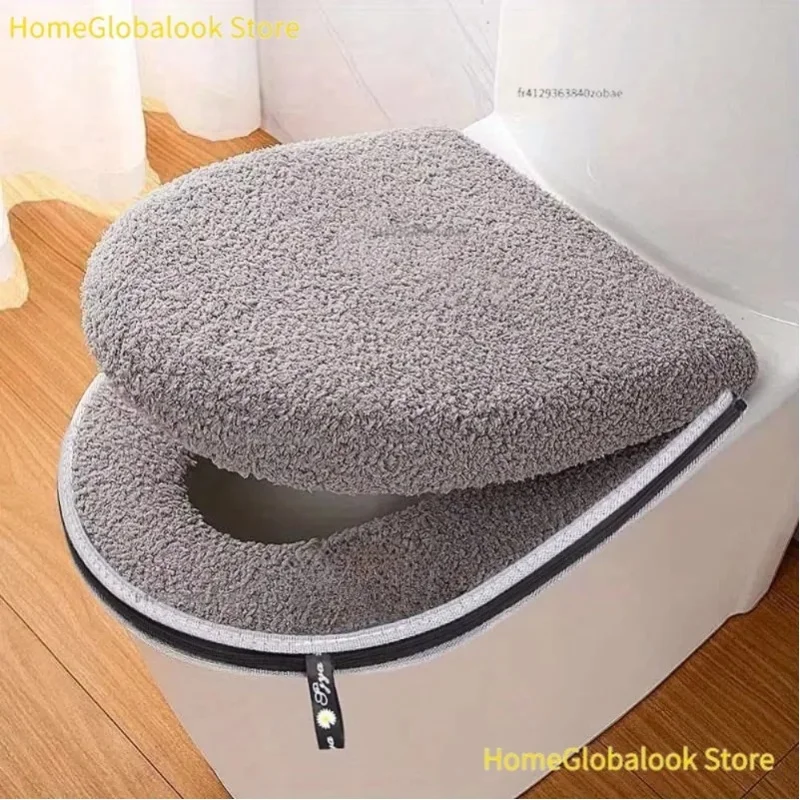 Zimowy, gruby zestaw poduszek na deskę sedesową, pokrowiec na deskę sedesową z podwójnym zamkiem i uchwytem do przenoszenia, można prać w pralce, uniwersalny rozmiar, miękki, ciepły i wygodny – — 2