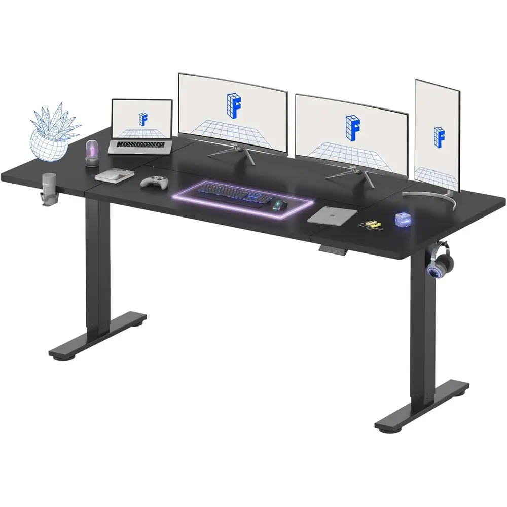 

Большой стоячий стол 79 x 32 дюйма со съемной панелью, стол для домашнего офиса с подстаканником и крючком для подвешивания, черный E + черная столешница (2 шт.)