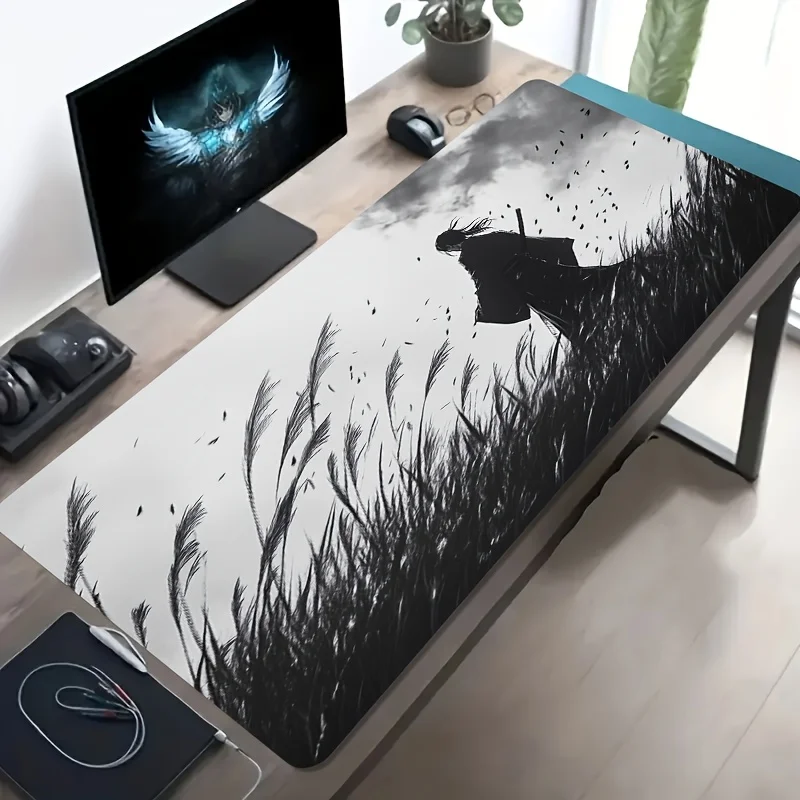 Windbreaker Swordsman Silhouette Oversized Gaming Mouse Pad Non-Slip Rubber Desk Mat Computer Accessory