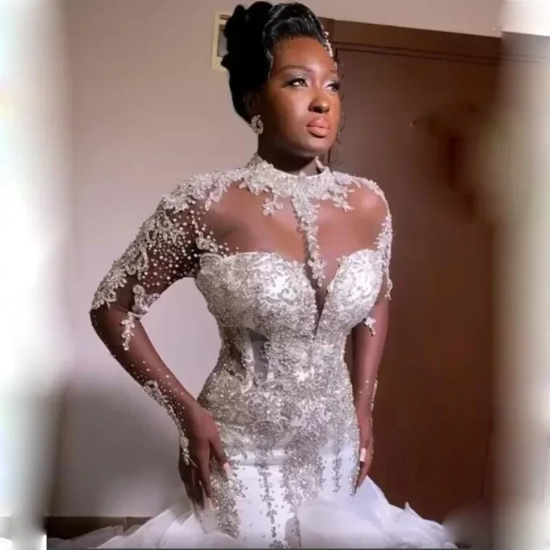 Customized Well Design High Collar Shinny Beads Appliques Wedding Dress Vestido De Casamento Long Sleeve Multi-layered Ruffles
