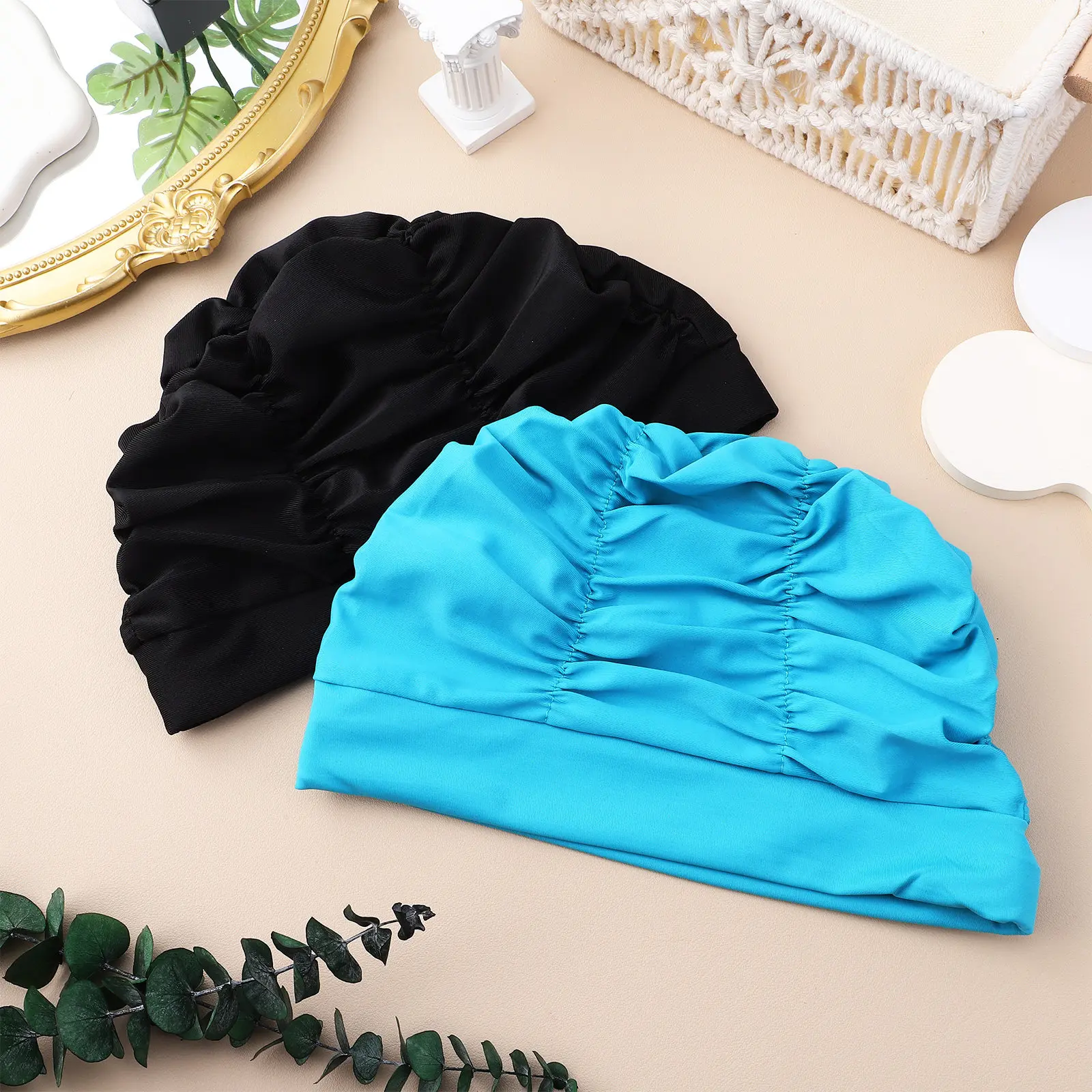 2pcs Pleated Swim Caps for Long Hair – Lightweight, Breathable, Elastic Fabric Adult Swimming Hats
