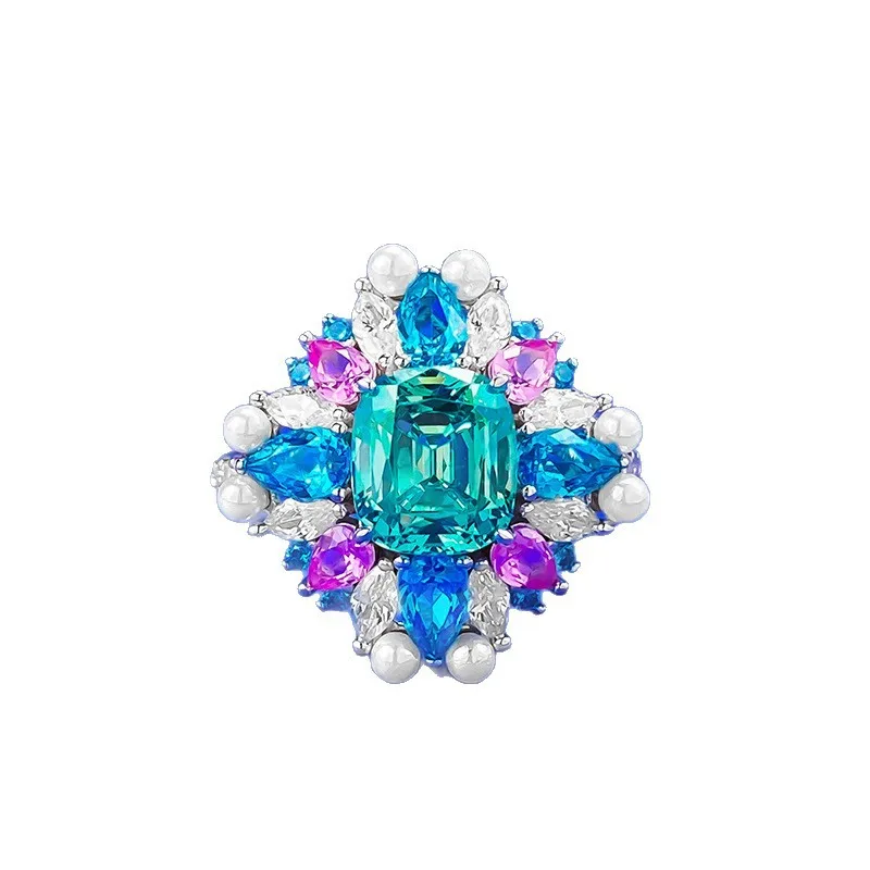 Secret Garden Collection High Jewelry Replica 925 Silver Blue Green Tourmaline Pearl Cocktail Ring Rainbow Gemstone Finger Band