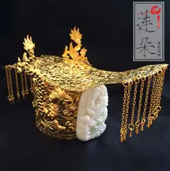 Ancient Chinese Emperor Hair Crown Gold Colour Metal Headwear Men Stage Cosplay Vintage