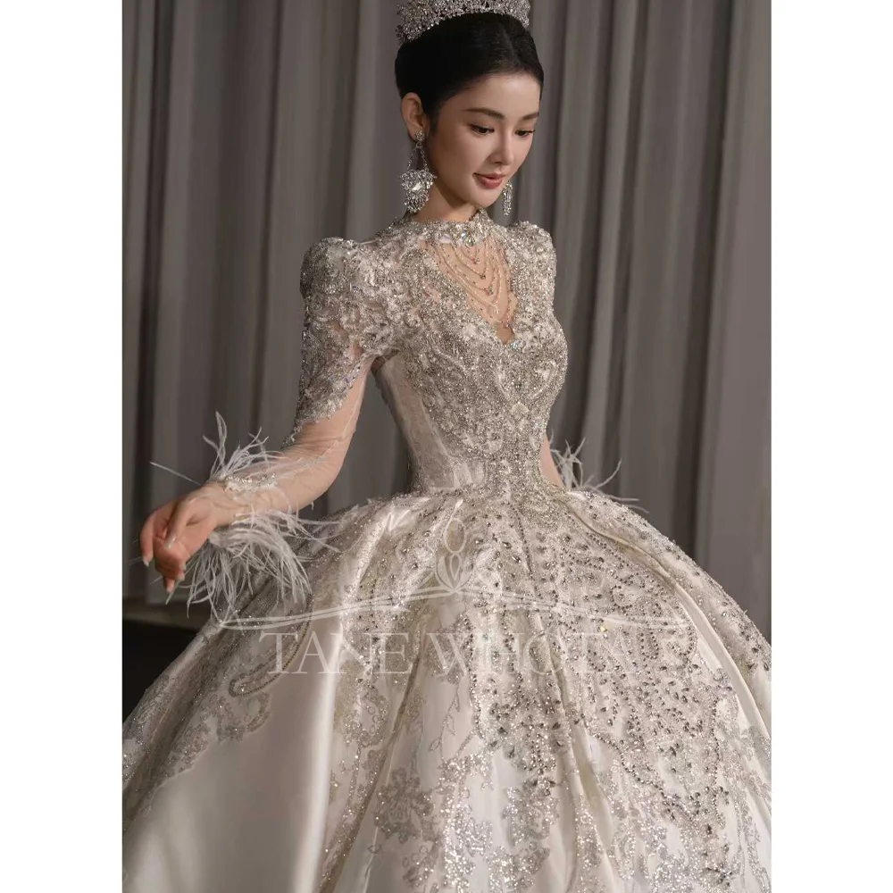 럭셔리 O넥 긴팔 비즈 장식 스팽글 볼 가운 웨딩 드레스 맞춤 제작 베스티도 노이바 카사멘토