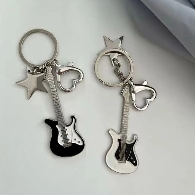 Y2k Guitar Love Heart Key Chain for Men Women Star Sweet Keychain Cool Trendy Fashion Pendant Rock Punk Vintage Accessories Gift