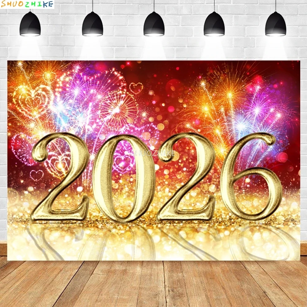 2026 الذهب سنة جديدة سعيدة خلفية بريق ساعة أضواء الشمبانيا بالونات عيد الميلاد الأسرة حفلة التصوير خلفية NY-01 #4