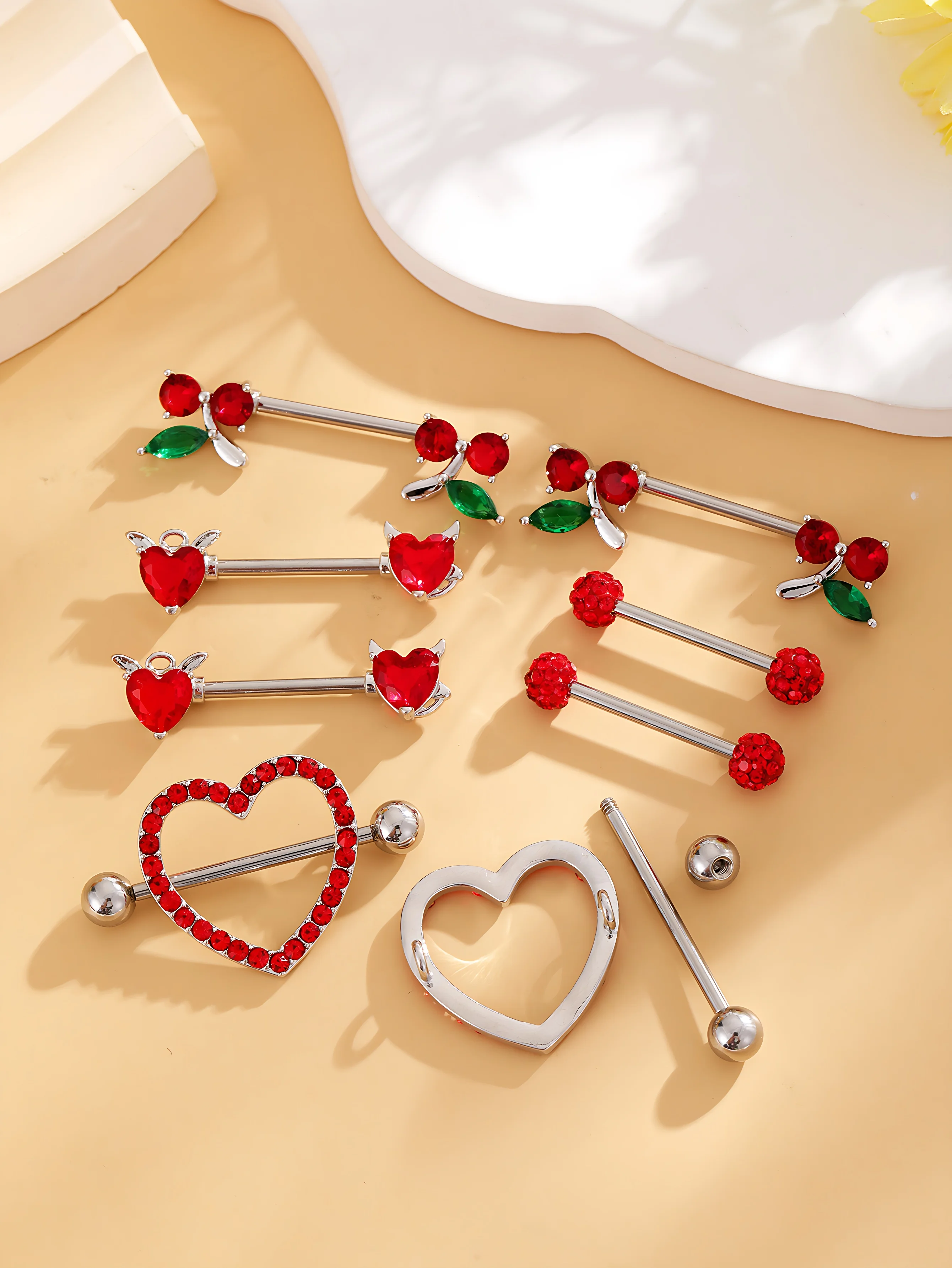 14G Edelstahl Nippelpiercing Set Nippelringe Barbell Pack Rote Kirsche Kuchen Nippel Schmuck Bulk Kristall Nippelpiercings – Detail 9