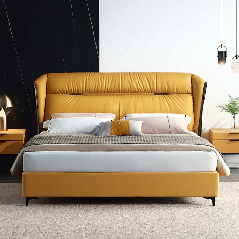 Modern House Bed Designs Genuine Leather Hotel Bed Soft Bed for Home Bedroom