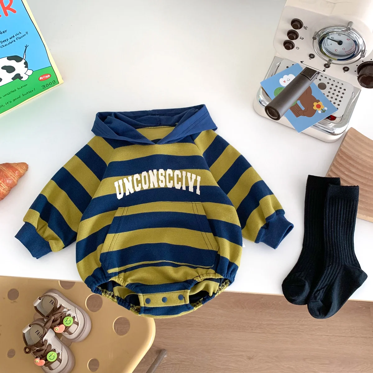 Ins ملابس أطفال على الطراز الكوري للخريف والشتاء بذلة مخططة بغطاء للرأس للأولاد والبنات مطابقة الألوان الغربية- #5