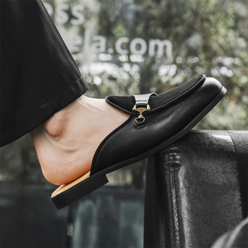 Summer Mules Men Half Shoes For Man Slippers Leather Mens Semi-Drag Casual Shoes Backless Loafers Male Slides Flats Sandals 2024