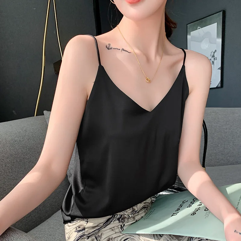 Colete de cetim de seda v-ne feminino solto ajuste interno terno superior sexy na moda verão outerwear commute sle cor pura