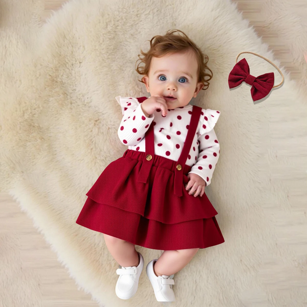 Baby Girl's 2-Piece Round Neck Long Sleeve Romper And Suspender Shorts Set with Hair Accessories Cute Autumn Outfit