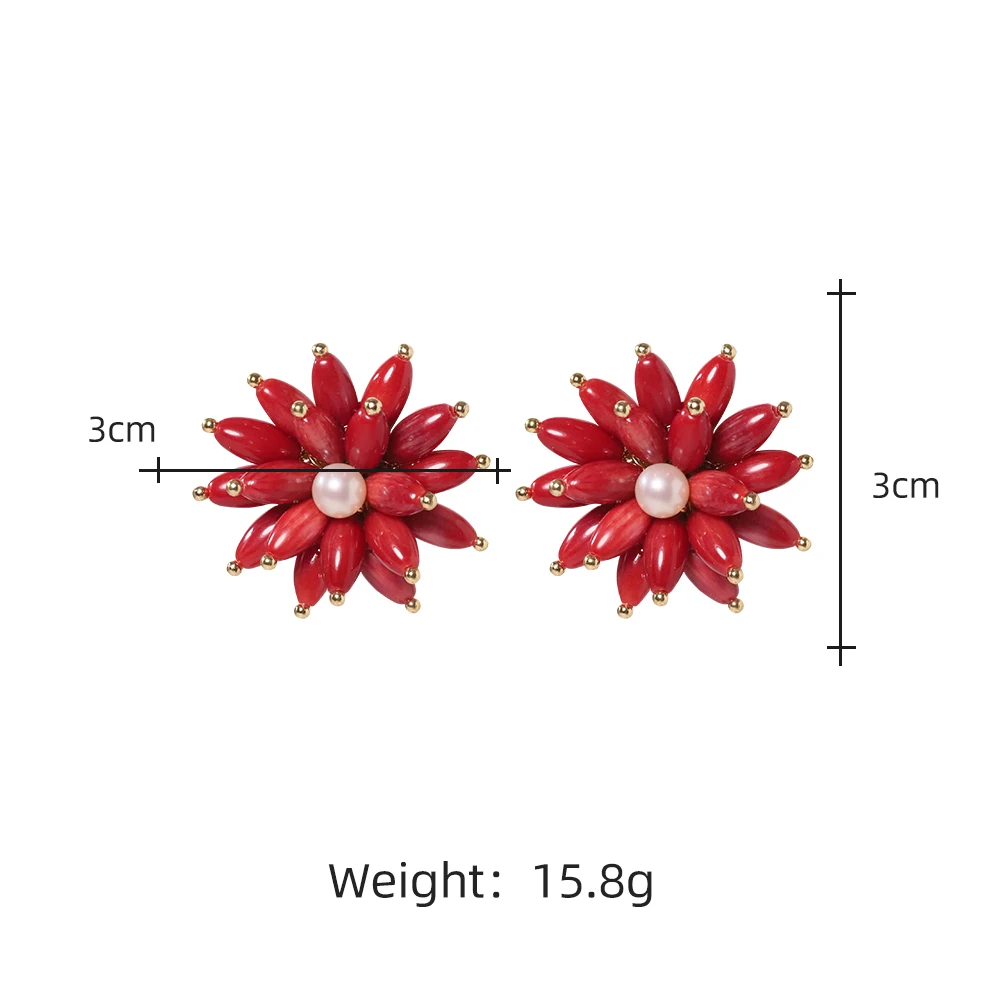 Natural Red Coral Stone Flower Freshwater Pearl Earrings Korean Style Women Luxury Jewelry Fashion Ladies and Girls Gift GE1536